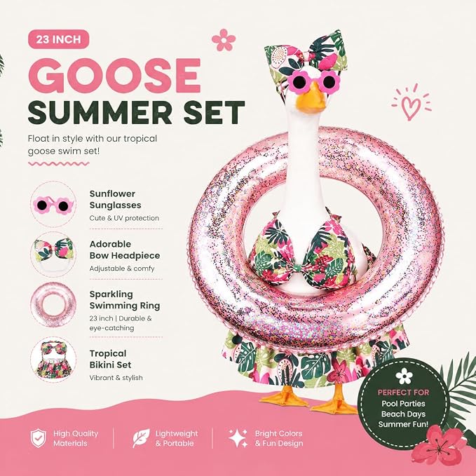Summer Lawn Goose Outfit Set, Floral Bikini Costume with Glitter Swim Ring Flower Sunglasses Bow Headband, Fits Standard 23 Inch Porch Goose Statue, Outdoor Garden Yard Decor