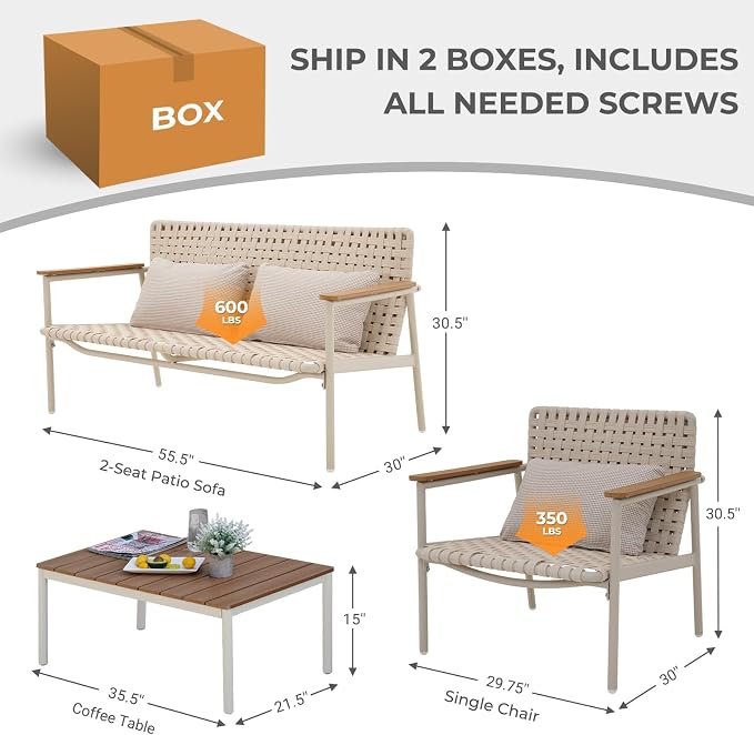 Grand patio 4-Piece Patio Conversation Set, Outdoor Wicker Sofa Set with Waterproof Cushions All-Weather Wicker Furniture Sectional Sofa for Garden, Poolside, or Backyard Relaxation-Grey