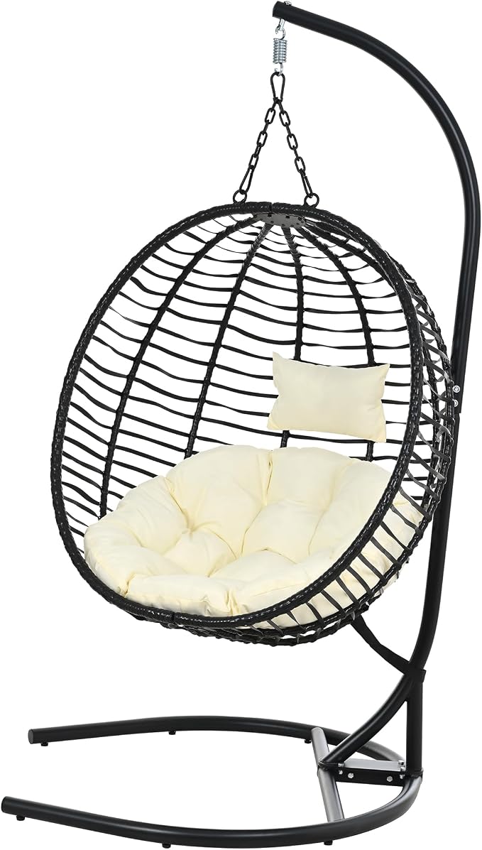 Folding Egg Chair, Outdoor Hanging Hammock Chair with Stand, Patio Wicker Hanging Chair with Iron Frame and Plush Cushion & Removable Headrest for Bedroom, Balcony, Garden (C-BlackBeige)