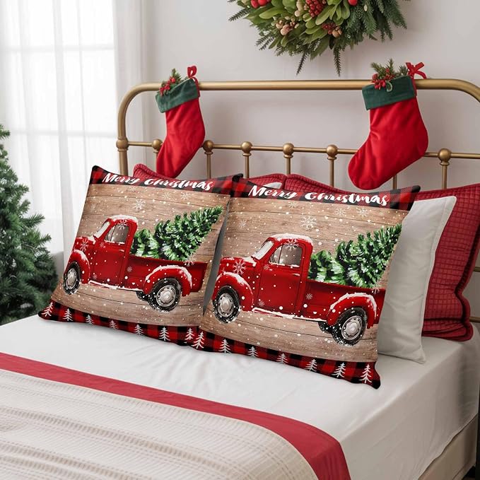 YOKOU Outdoor Throw Pillow Covers, Merry Christmas Truck Tree Vintage Board Wood Grain Buffalo Check Waterproof Pillowcases Cushion Covers Cases for Patio Couch Bench, Pack of 2 Square, 18"X18"