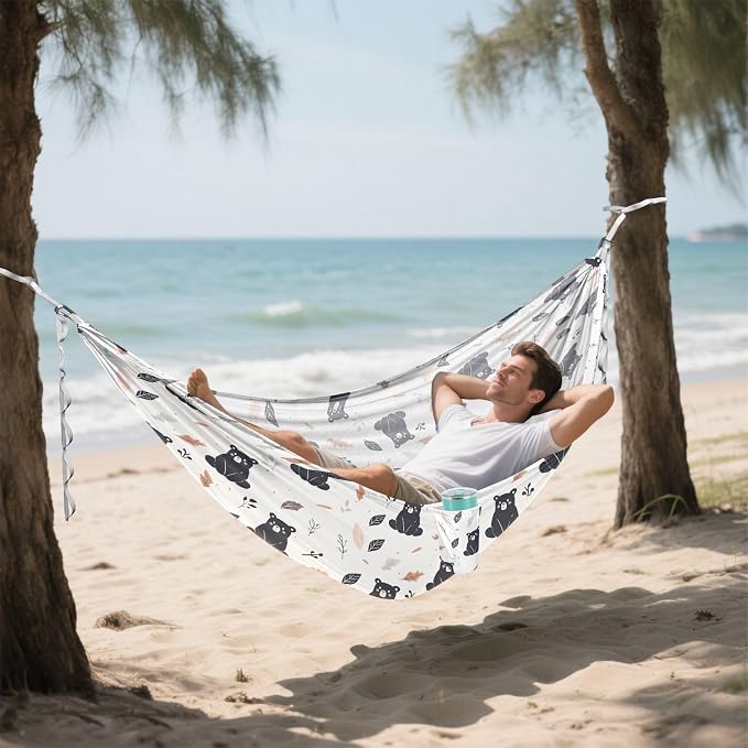Camping Hammock Outdoor Hammocks for Outside Black Bear White Beach Trees Portable Lightweight with Pockets Tree Straps Indoor