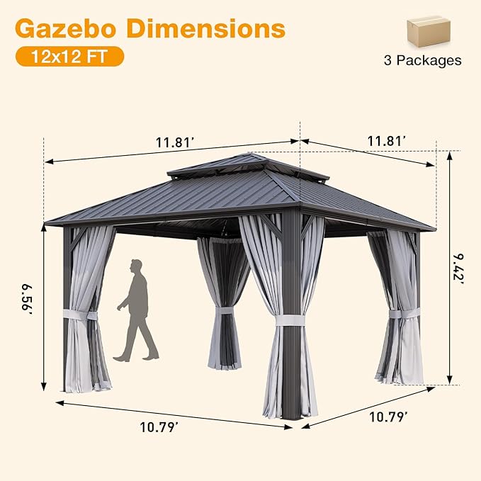 12x12FT Hardtop Gazebo, Metal Frame with Double Galvanized Steel Roof, Permanent Outdoor Pergola with Curtains and Netting Included for Backyard, Patio, Lawn and Garden, Gray