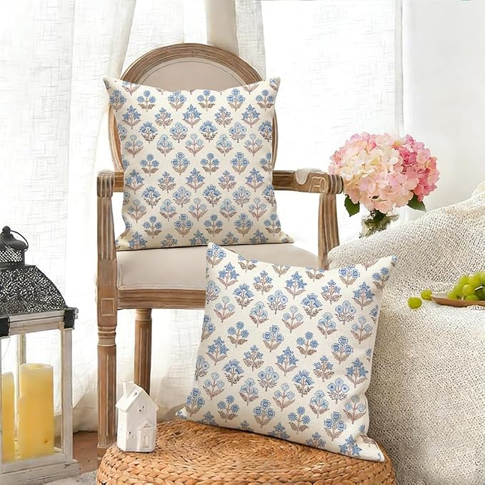 RABUSOFA Blue Floral Pillow Covers 20x20 Inch Set of 2 Outdoor Waterproof Decorative Throw Pillows for Home Spring Summer Decor Couch Patio Funiture Garden Vintage Flower