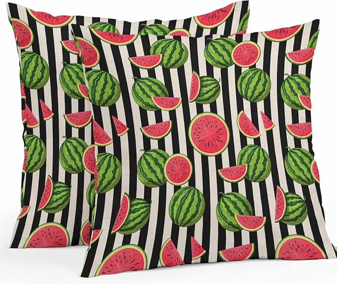 Vandarllin Outdoor Throw Pillows Covers 26x26 inch Set of 2 Waterproof Watermelon Decorative Zippered Cushion Covers for Patio Furniture, Summer Fruit Black Stripes Lumbar Pillowcases