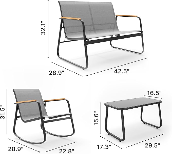 Ahomly 8-Piece Outdoor Patio Furniture Set, Textilene Conversation Set with Rocking Chairs, Loveseat, and Tempered Glass Coffee Table, for Lawn, Garden, Balcony, Poolside (Grey)