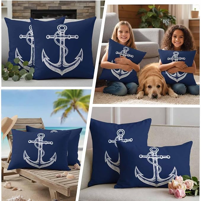 Nautical Outdoor Waterproof Throw Pillow Covers Set of 2, 26"x26", Anchor Rope Coastal Navy Blue Minimalist Decorative Pillow Covers Outside Cushion Case for Patio Porch Garden