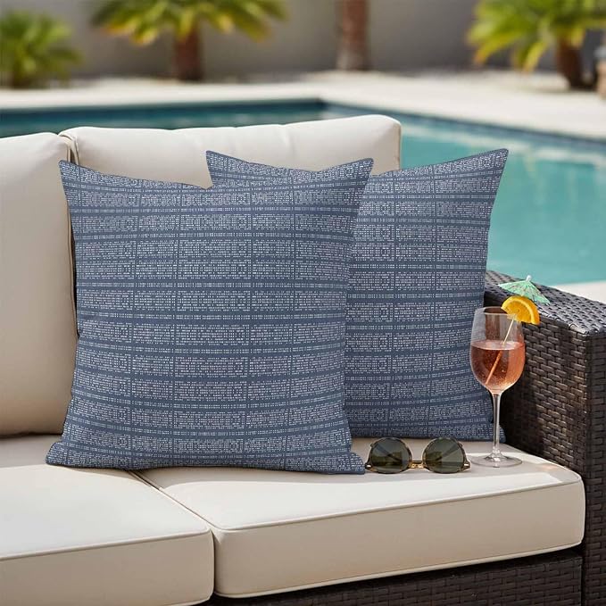 Outdoor Waterproof Throw Pillow Covers Set of 2 Stripes Grain Pillowcases 24x24 Inches Navy Blue Solid Color Decorative Pillows Cushion Case Patio Pillows for Couch Bed Chair Garden