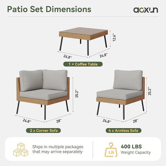 Aoxun Patio Furniture Set, 7 Piece Outdoor Sectional Sofas with Thick Cushion, Wicker Outdoor Patio Furniture Set with Coffee Table for Party, Garden, Backyard, Grey