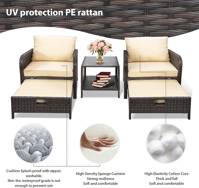 LEVELEVE Balcony Furniture 5 Piece Patio Conversation Set, PE Wicker Rattan Outdoor Lounge Chairs with Soft Cushions 2 Ottoman&Glass Table for Porch, Lawn-Brown Wicker