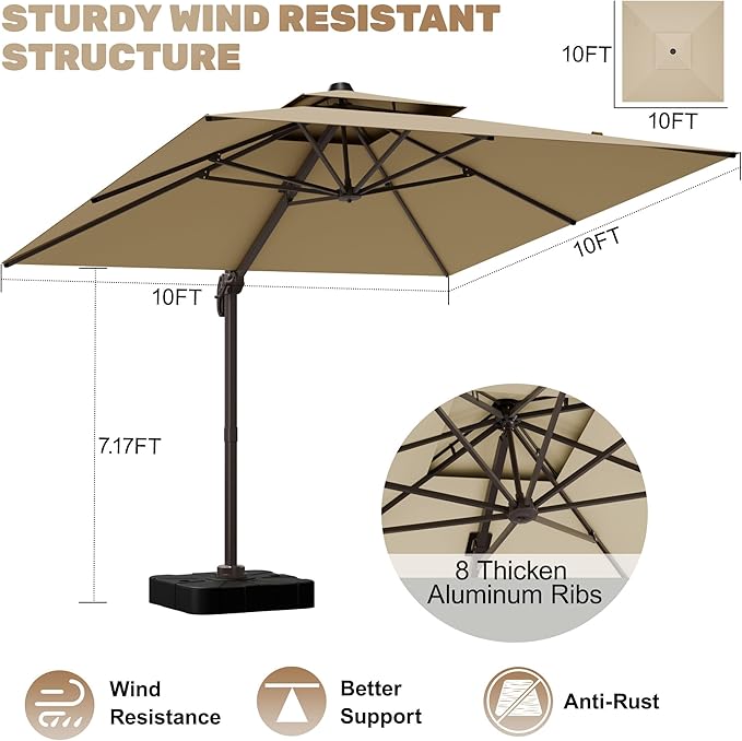 10x10Ft Patio Umbrella Outdoor Cantilever Rectangle Umbrella, 6-Level Tilt & 360° Rotation Offset Umbrella for Garden, Deck, Pool(Beige)