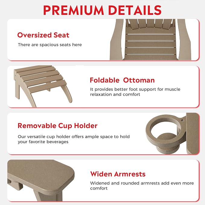 Costaelm Lakeview 2-Piece Outdoor Patio HDPE Adirondack Chair with Ottoman and Cup Holder Set, Weathered Wood