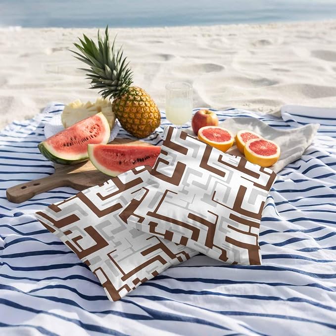 Vandarllin Outdoor Throw Pillows Covers 26x26 inch Set of 2 Waterproof Brown Geometric Stripes Decorative Zippered Cushion Covers for Patio Furniture, Modern Abstract Lines Lumbar Pillowcases