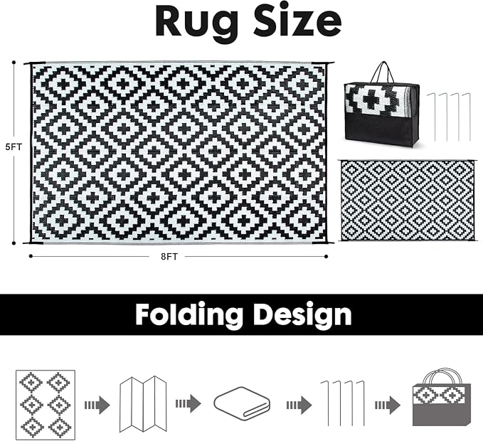 Large Boho Area Rug 8' x 5', Washable Foldable Indoor Floor Carpet, Geometric Diamond Print Lightweight Rug for Living Room Bedroom Entryway Office, Black and White Modern Decor Rug with Storage Bag