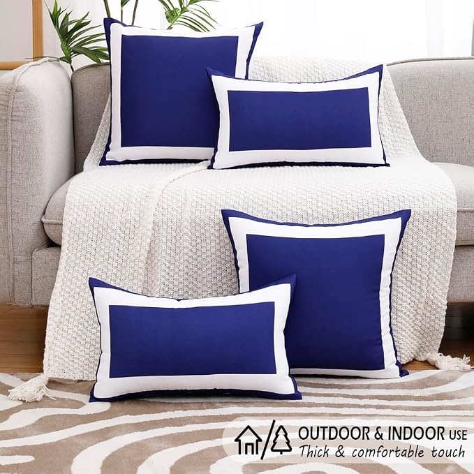 JOJOGOGO Navy Blue Outdoor Lumbar Pillow Covers Waterproof 12x20 Set of 2, Navy Decorative Outdoor Waterproof Sunburn Resistant Boho Bolster Pillows 12 x 20 for Patio Furniture Hammock (White Border)