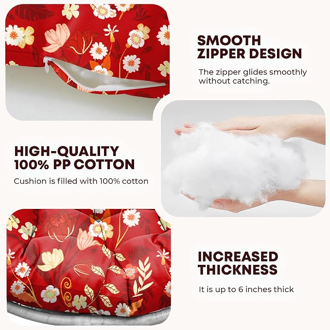 Outdoor 45" Round Egg Chair Cushion Replacement Waterproof Red Peony | Thicken Pad with Headrest Pillow, Hanging Swing Wicker Egg Chair Cushions, Suitable for Garden Office