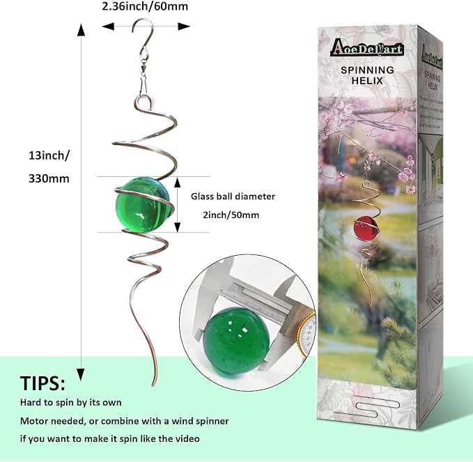 Aoedelyart Wind Spinner Tail Gazing Ball Spiral Decorative Wind Spinners Sun Catcher 11inch Tail and 2 inch Glass Orb. Indoor Outdoor Garden Decoration Wind Spinner Stabilizer -13 inch Height (Green)