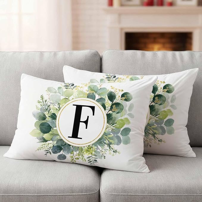 Letter F Waterproof Outdoor Pillow Covers Set of 2 Home Decor, Alphabet Green Eucalyptus Leaves Lumbar Pillowcase Patio Pillow Covers for Couch Bench Patio Furniture Garden 20x12in