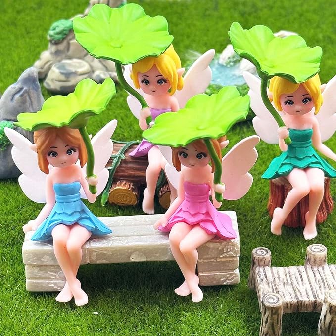 Miniature Fairy Figurines - 4Pcs Flower Small Fairies Ornaments Resin Mini Fairy Figurines Tiny Elf for DIY Fairy Garden Flower Pot Bonsai Micro Landscapes Craft Decoration Accessories (lotus leaf)