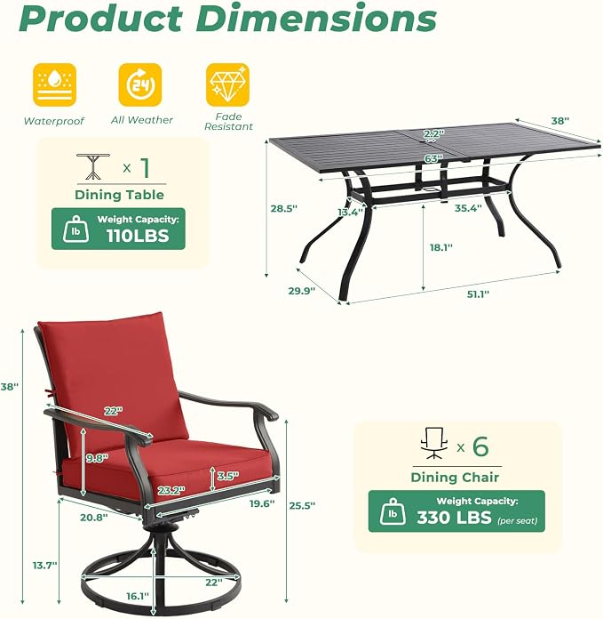 LVUYOYO 7-Piece Outdoor Patio Dining Set, Metal Swivel Chair & Rectangular Table Set, All-Weather Furniture for Backyard, Garden,Balcony,Porch (Red)
