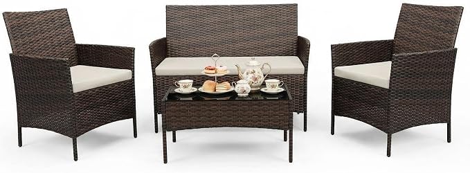 4 Piece Patio Furniture Set, Outdoor Deck Rattan Chair Wicker Combo Furniture, All Weather Dialogue Rattan Sofa with Upholstery and Glass Table for Garden, Backyard, Porch, Lawn, Pool, Brown+White