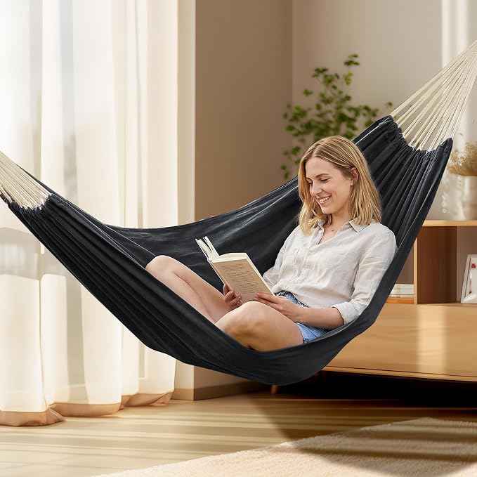 ANYOO Cotton Hammock Portable Camping Hammocks for Hanging Sturdy Garden Comfortable Fabric Hammock with Tree Straps Up to 660lbs with Travel Bag for Camping Outdoor/Indoor Patio Backyard