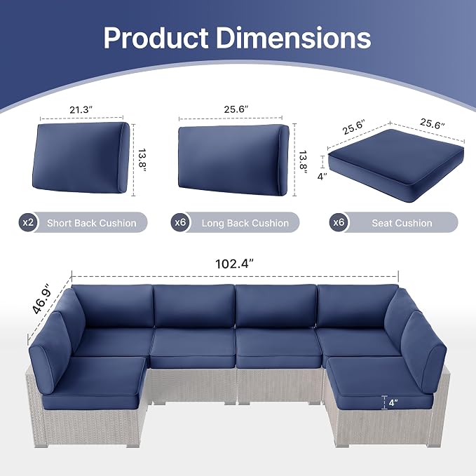 SUNCOZE 14-Piece Outdoor Cushions for Patio Furniture, 25.6"x25.6" Couch Cushion Replacement Designed for 6-Seat Sectional Sofa Sets, Anti-Slip Patio Cushions for Garden, Backyard, Porch (Blue) | 25.6"x25.6" Couch Cushion Designed for 6-Seat Sectional ...