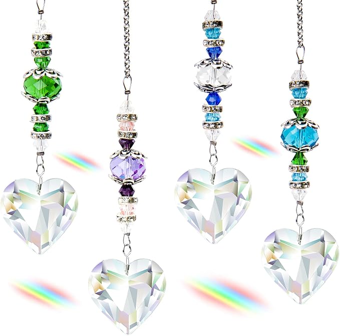4pcs Crystal Suncatcher, Clear Heart Crystal Sun Catcher Hanging Rainbow Prisms Ball with Chain for Indoor Window Chandelier Garden Home Wedding Christmas Valentines Day Decor (Heart Shape)