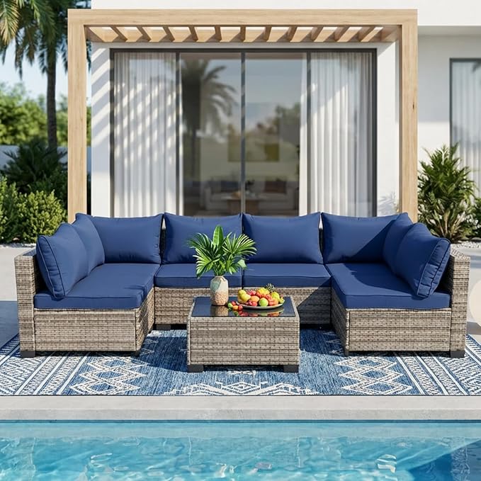 7 Piece PE Rattan Sectional Patio Furniture Set, Blue | All Weather Outdoor Conversation Sofa Set with Coffee Table & Thick Cushions, Ideal for Backyard Porch Garden
