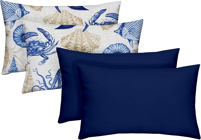 RSH DECOR Indoor Outdoor Set of 4 Square Pillows (Blue Tan Crab + Veranda Blue, 20" x 12")