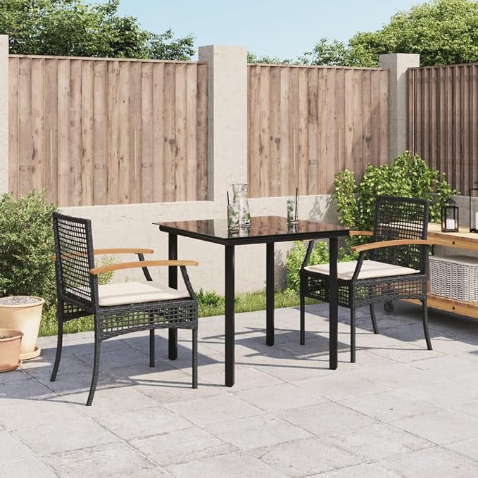 3 Piece Patio Dining Set with Cushions Black Poly Rattan Outdoor Table and Chairs for Garden Backyard Deck Tempered Glass Top UV Proof Weather Resistant