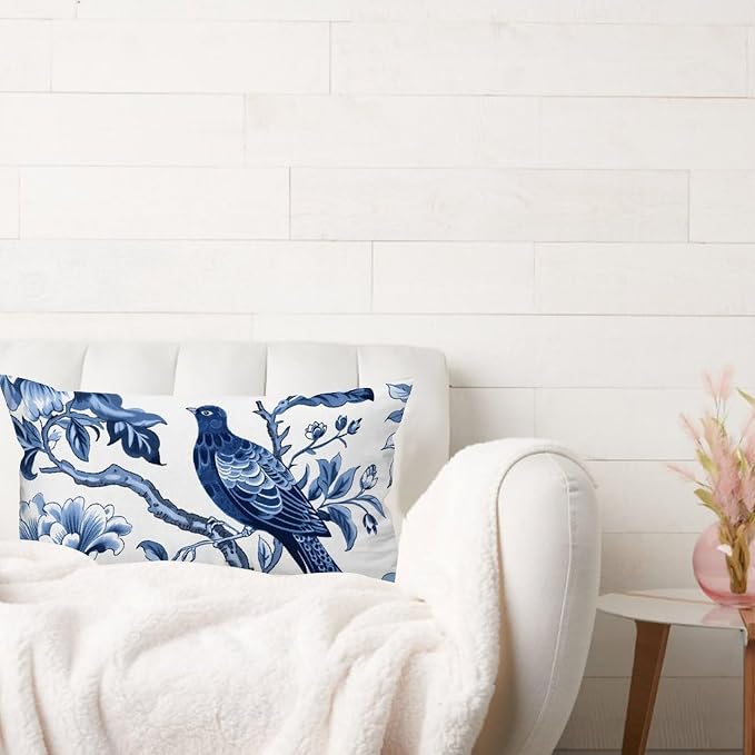 Blue Indigo Floral Chinoiserie Rectangular Cushion Cover Asian Navy Lotus Bird Cushion Cover 12x24in Classic Accent Decorative Cushion Covers Home Decor for for Sofa Couch Bed Car Indoor