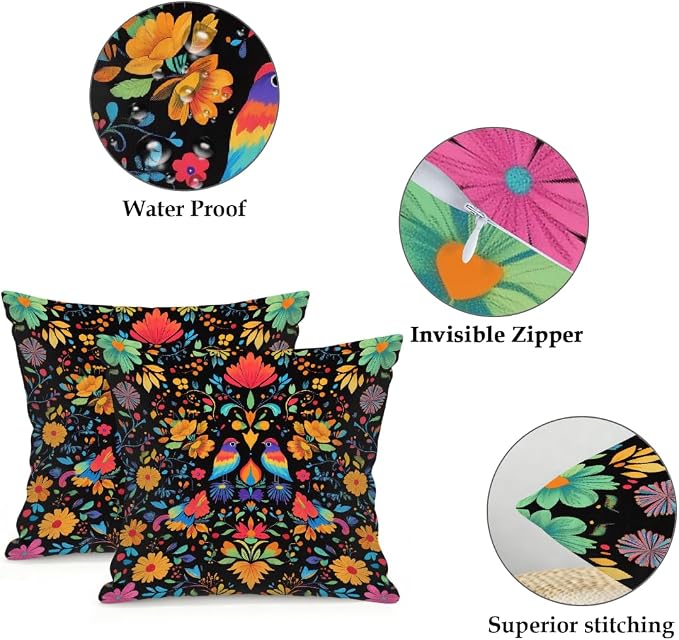 22x22 Inch Outdoor Pillow Covers Set of 2 Waterproof Throw Pillow Covers Decorative Couch Cushion Covers Mexican Birds Flower Square Pillowcases Protectors for Patio Garden Sofa