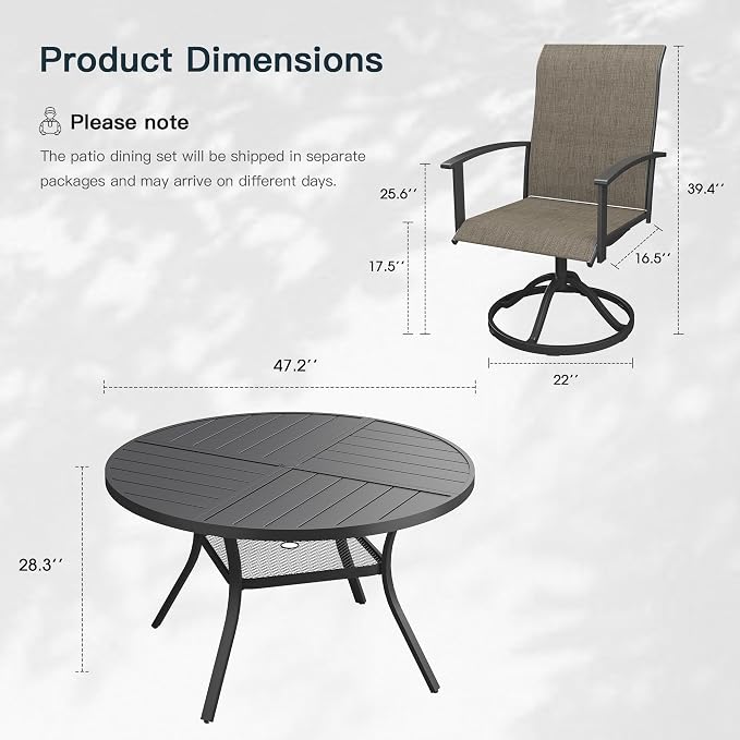 VICLLAX 5 Pieces Patio Outdoor Dining Set, 4 Swivel Textilene Chairs and 47.2" Round Metal Table with Umbrella Hole for Porch, Deck, Garden, Black/Brown