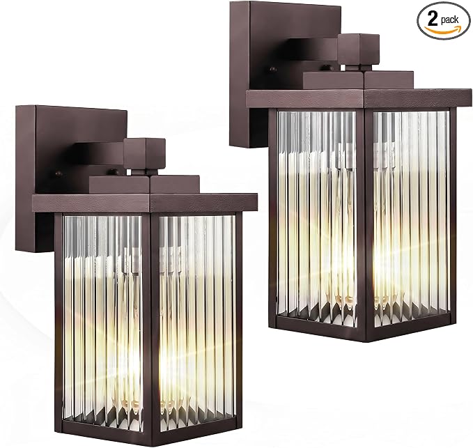 2 Pack Bronze Porch Light, Rust-Resistant Outdoor Wall Light | Corrosion-Resistant Metal, Waterproof, Textured Glass Cuts Glare, Easy DIY Install on Porch, Garage
