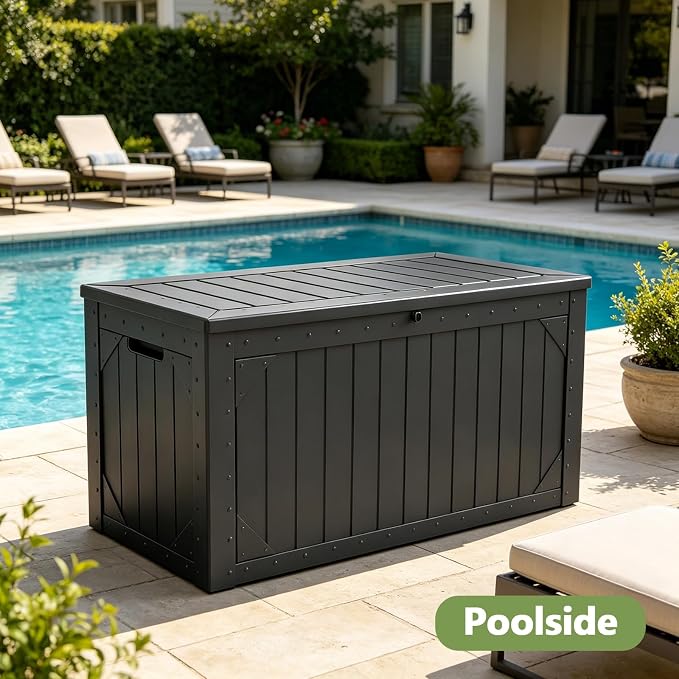 Outdoor Storage Box, 95 Gallon Deck Box Outdoor Storage Bench, Outside Waterproof Resin Storage Bench, Lockable Patio Cushions, Garden Tools Storage for Furniture, UV Resistant (Black)