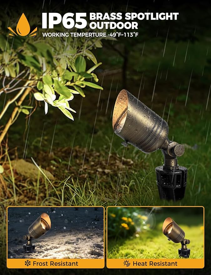 COLOER Brass Outdoor Spotlights, 12V LED Low Voltage Landscape Lighting with 5W 2700K Aluminum MR16 Bulb, IP65 Waterproof Landscape Spot Lights for Yard,Garden,Lawn,Tree, Small Size(6)