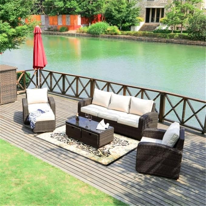 Outdoor Furniture 5PCS Conversation Sets in Brown with Cushions