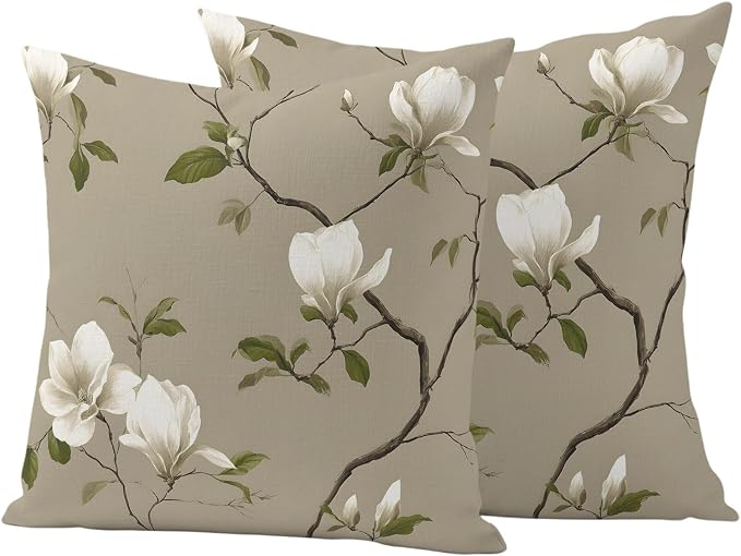 Vintage Floral Outdoor Pillow Covers 20"x20" Set of 2, Magnolia Flowers Branches Rustic Botanical Brown Waterproof Throw Pillow Covers for Patio Furniture, Decorative Cushion Covers for Porch