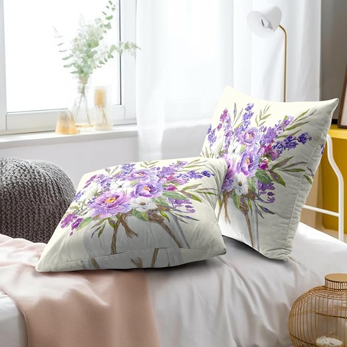 Lavender Flowers Throw Pillow Covers 16 x 16 Inches Set of 2 Rustic Farmhouse Vintage Purple Floral Plant Cotton Linen Pillowcase for Outdoor Sofa Garden Living Room Home Decor