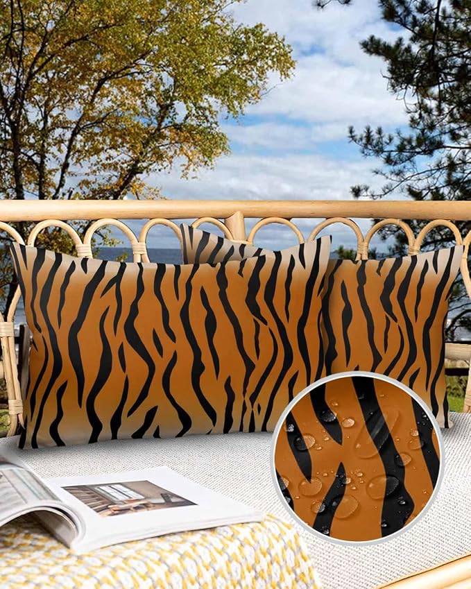 Outdoor Waterproof Throw Pillows Natural Tiger Skin Texture Patio Pillows,Decorative Pillow Covers with Insert,Pillow Cushion Case for Garden Couch Sofa Wildlife Animals Striped