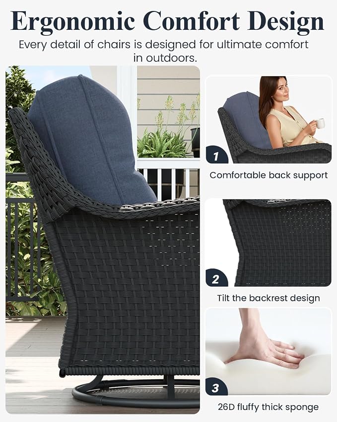 LayinSun 7 Piece Wicker Outdoor Furniture Set with 6-inch Comfy Cushions, High Back Patio Furniture Set with Swivel Rocking Chairs and Side Table