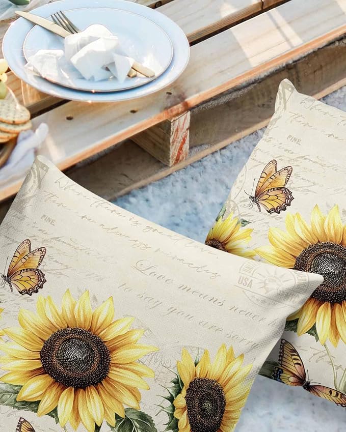 Sunflower Outdoor Waterproof Throw Pillow Covers 20"x20" Set of 2, Pastoral Style Sunflower Butterfly Decorative Garden Pillowcase with Zipper Retro Farmhouse Cushion Case for Patio Couch Tent