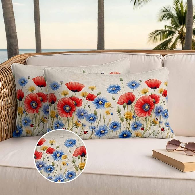 Red Flower Waterproof Outdoor Pillow Covers Set of 2 Home Decor, Blue Garden Blossom Floral Independence Day Pillowcase Patio Pillow Covers for Couch Bench Furniture Garden 20x12in