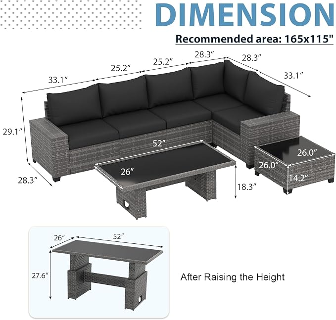 JOIVI 7 Piece Outdoor Patio Furniture Set with Adjustable Height Dining Table, Rattan Outdoor Sectional Sofa Conversation Set, PE Wicker L-Shaped Patio Furniture for Garden, Backyard, Deck, Black