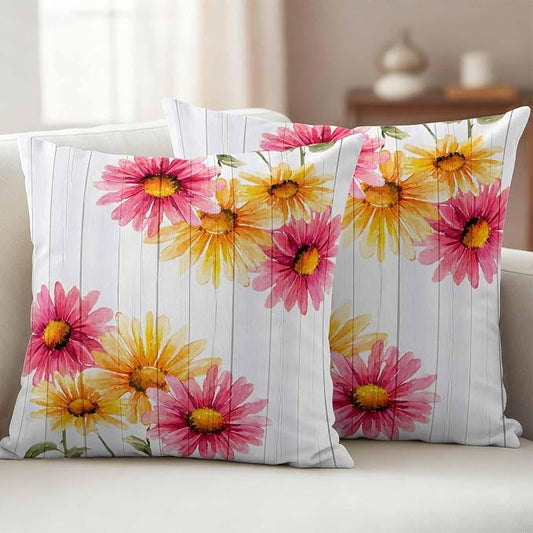 Yellow Pink Daisy Outdoor Pillow Covers 16"x16" Set of 2, Rustic Farmhouse Wooden Slats Waterproof Throw Pillow Covers for Patio Furniture, Decorative Cushion Covers for Porch