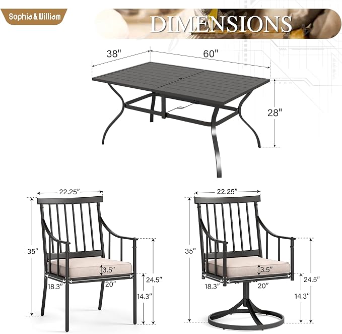 Sophia & William 7-Piece Patio Dining Set, Metal Table, Swivel Chairs | Cushions, Umbrella Hole, Fixed & Swivel Chair,60"* 38"table, 300 lbs Chair Capacity