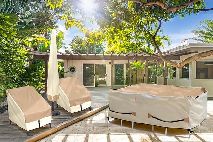 Porch Shield Patio Table Cover - Waterproof Outdoor Dining Table and Chairs Furniture Set Cover Rectangular - 90 x 64 inch, Light Tan & Khaki