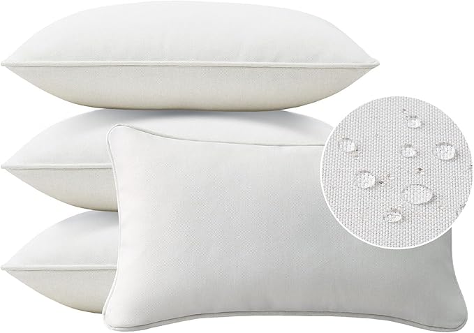Unimatta Decorative Outdoor Water Repellent Throw Pillows with Inserts, Set of 4, 20" x12" Pillows for Patio, Backyard, Bed, Couch, and Patio Furniture, Linen