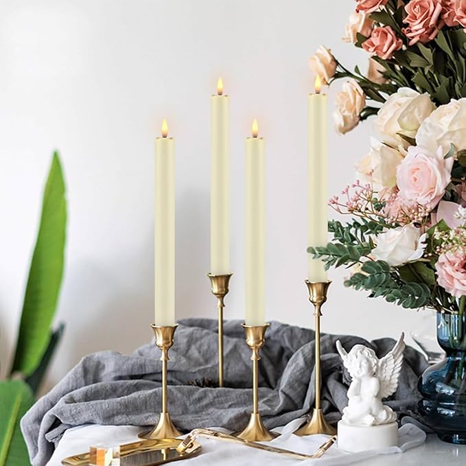 YOROXRG 24 Pack LED Flameless Taper Candles with Timer, Dripless Fake Candlesticks with 3D Flickering Flame, 9.6 Inches White Window Candle for Fireplace Christmas Halloween（Ivory）