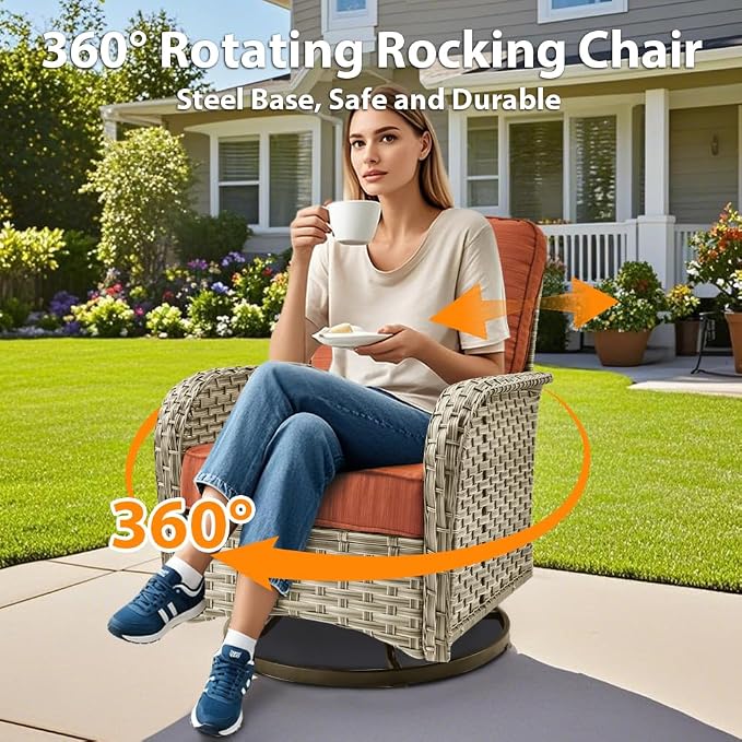10 Pieces Patio Sectional Furniture Set, Outdoor Wicker Sectional Couch with High Back Swivel Rocker Chairs Solar Lights Table, Modern Conversation Set for Porch Balcony Backyard, Orange